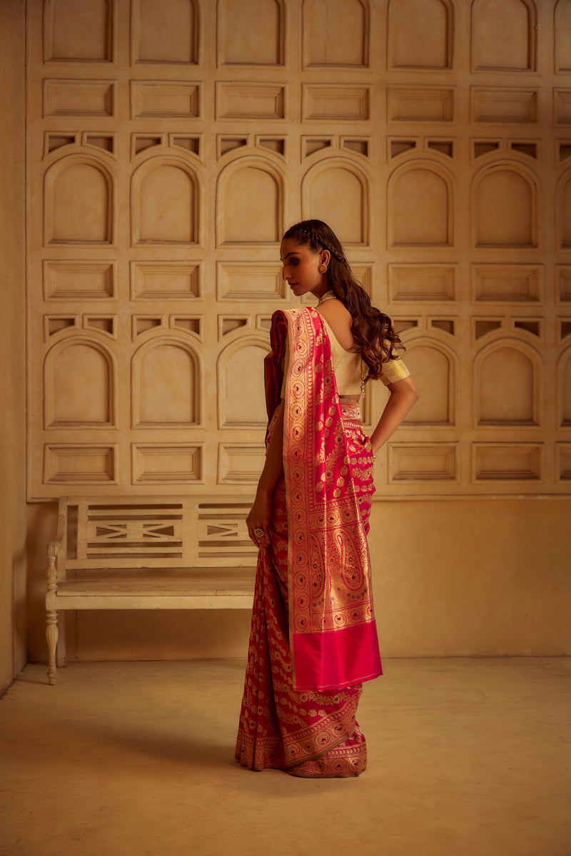 Real Zari Handloom Kadhua Banarasi Katan Silk Saree - Jaangla - Red Blue Minedar