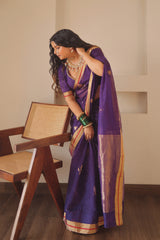 Radhika Bhardwaj Handloom Chanderi Silk Saree Purple Gold Leaf Motif