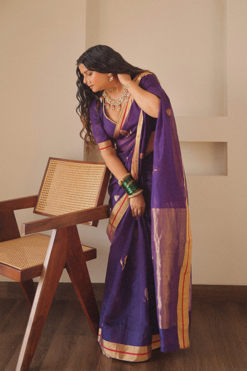 Radhika Bhardwaj Handloom Chanderi Silk Saree Purple Gold Leaf Motif