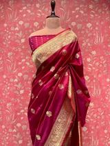 HOV Handloom Banarasi Katan Silk Saree - Butidar Kadhua - Deep Brown Minakari Green Pink- 061