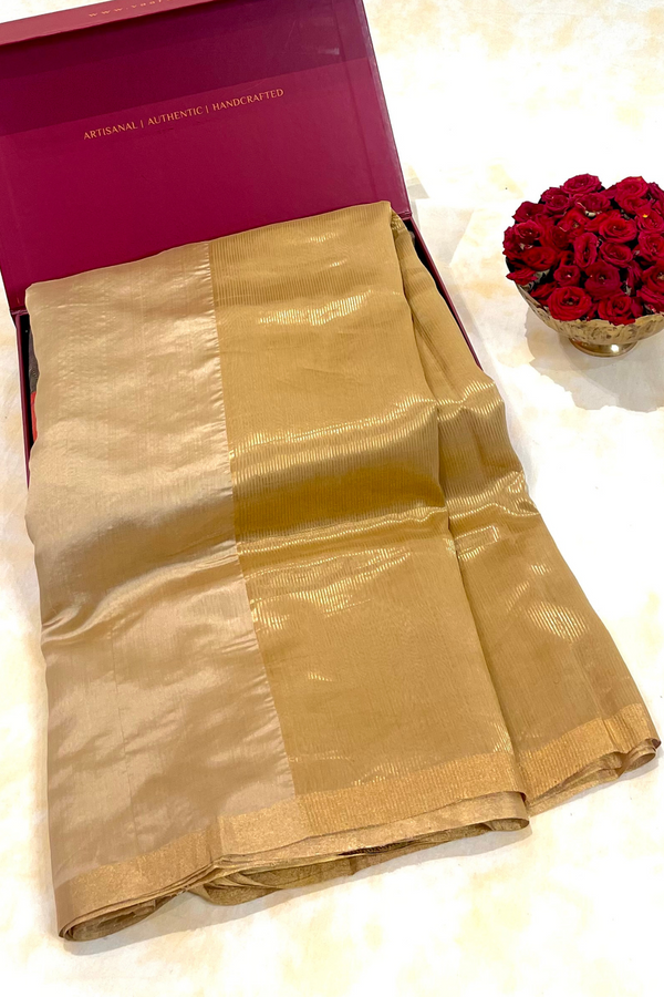 HOV Handloom Chanderi Silk Saree - Plain Zari Pallu Gold - 042-01-02