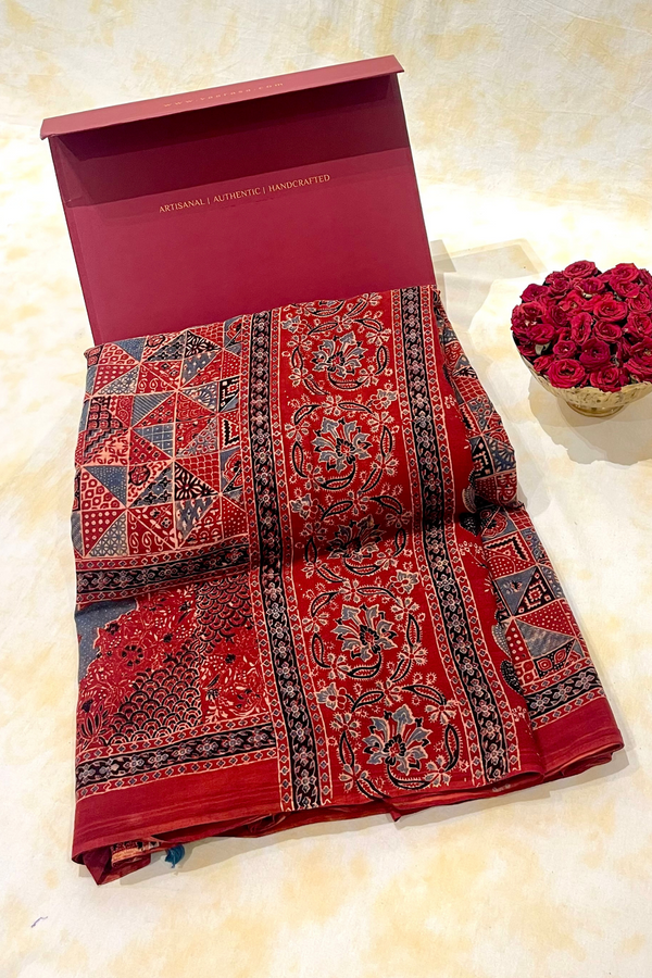 HOV Ajarakh Hand-Block Print Saree - Mul Cotton - 012