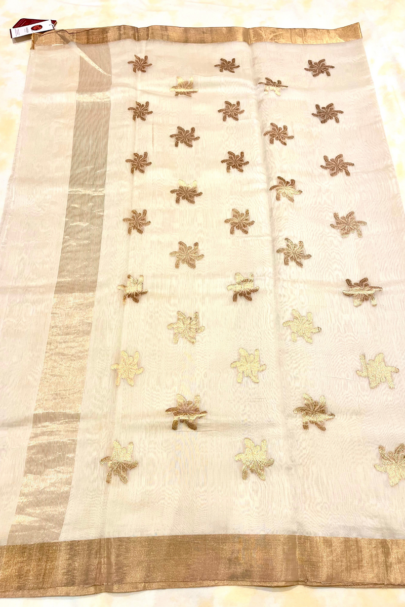 HOV Handloom Chanderi Cotton Silk Saree - Off White Plain Zari Pallu - 021