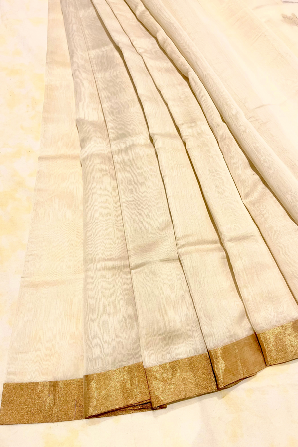 HOV Handloom Chanderi Cotton Silk Saree - Off White Plain Zari Pallu - 021