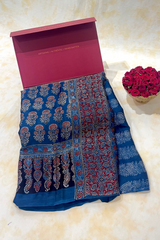 HOV Ajarakh Hand-Block Print Saree - Modal  -Blue