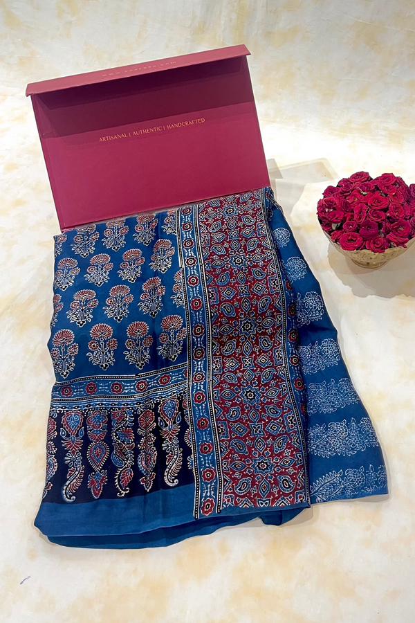 HOV Ajarakh Hand-Block Print Saree - Modal  -Blue