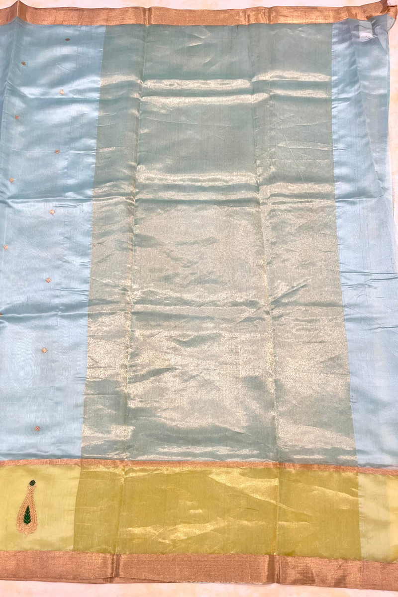 HOV Handloom Chanderi Silk Saree - Border Paisley Buta - Sky Blue - 54-02