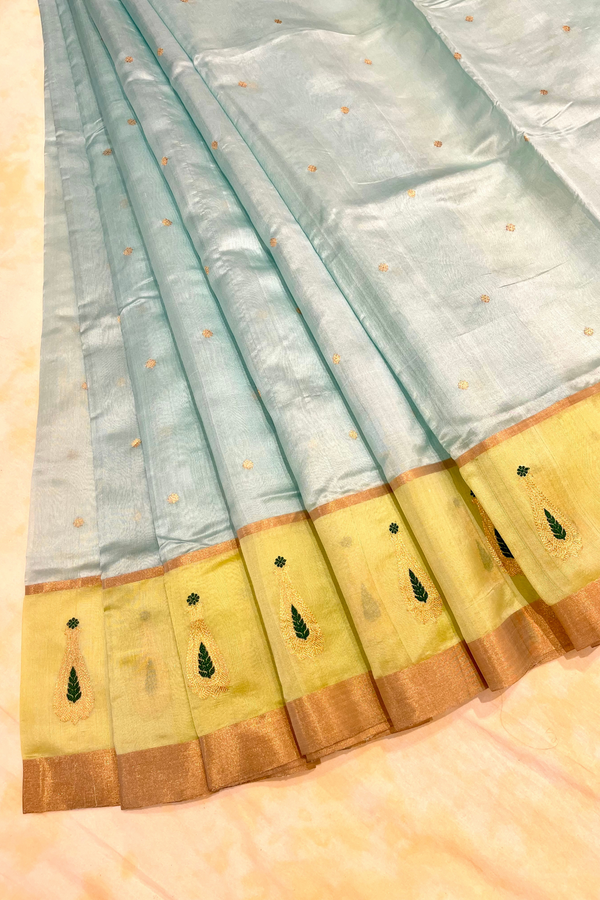 HOV Handloom Chanderi Silk Saree - Border Paisley Buta - Sky Blue - 54-02