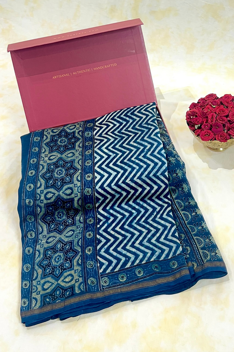 HOV Ajarakh Hand-Block Print Saree - Mul Cotton - 015