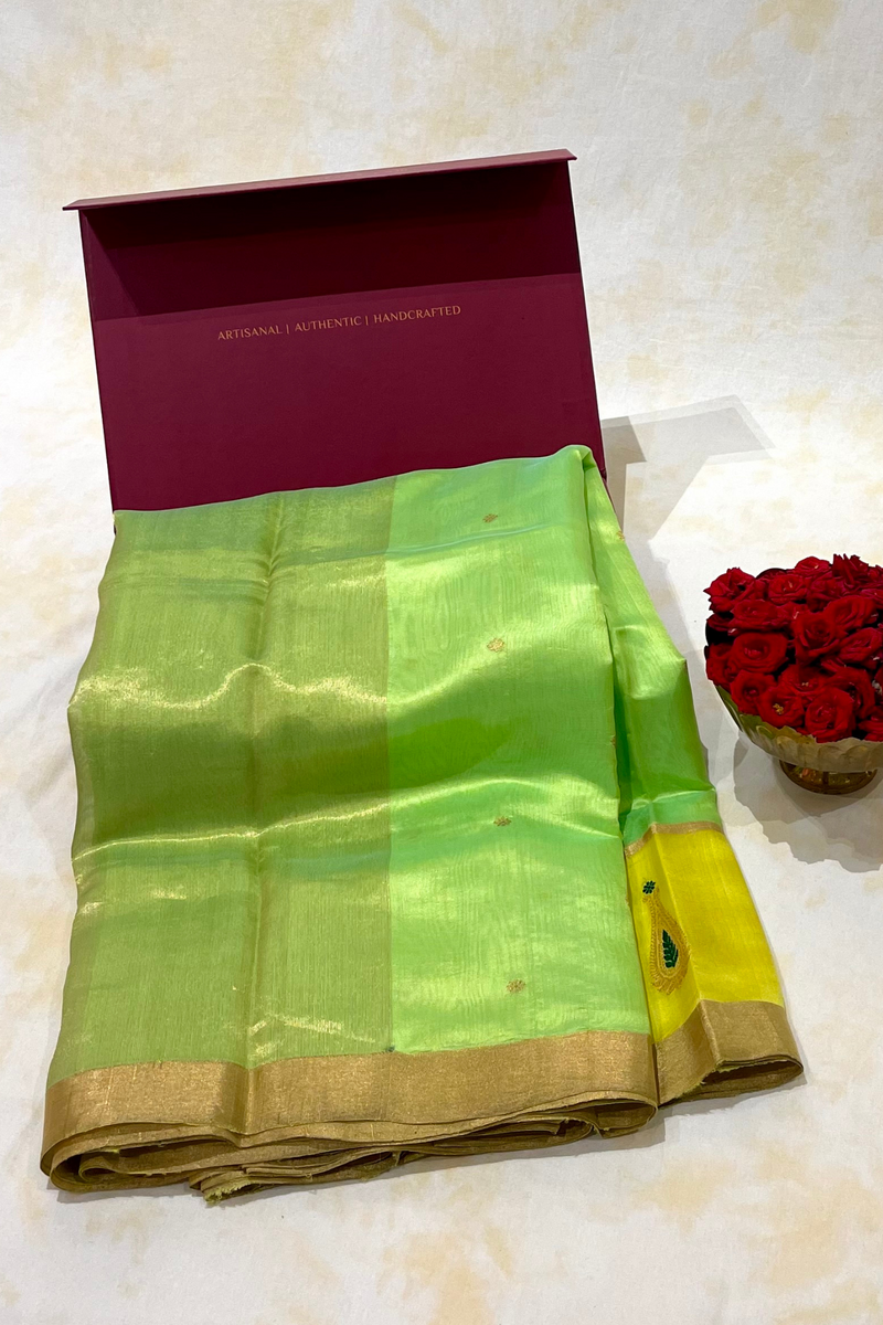 HOV Handloom Chanderi Silk Saree - Fresh Green Yellow Paisley Buta- 094