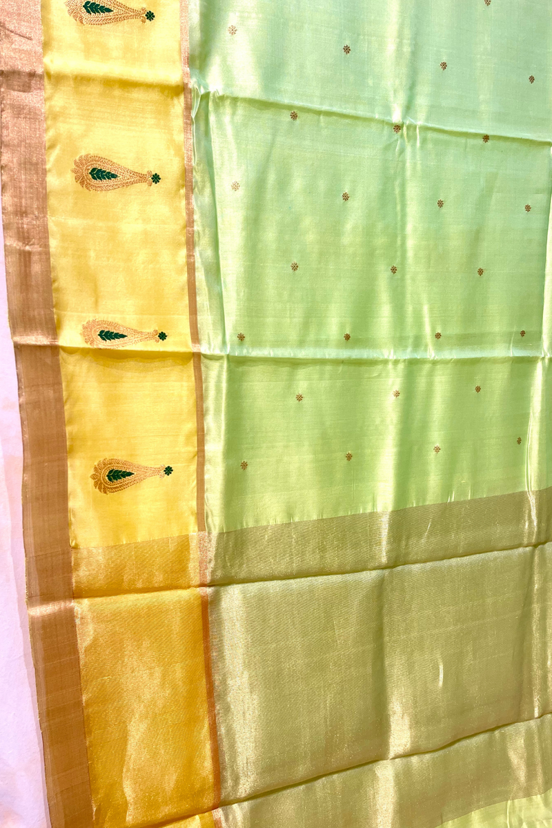 HOV Handloom Chanderi Silk Saree - Fresh Green Yellow Paisley Buta- 094