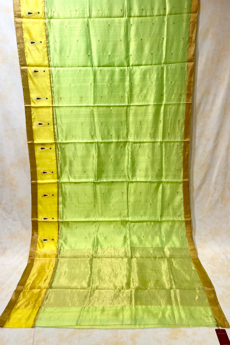 HOV Handloom Chanderi Silk Saree - Fresh Green Yellow Paisley Buta- 094