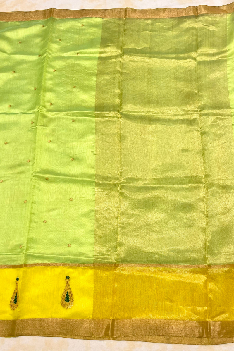 HOV Handloom Chanderi Silk Saree - Fresh Green Yellow Paisley Buta- 094