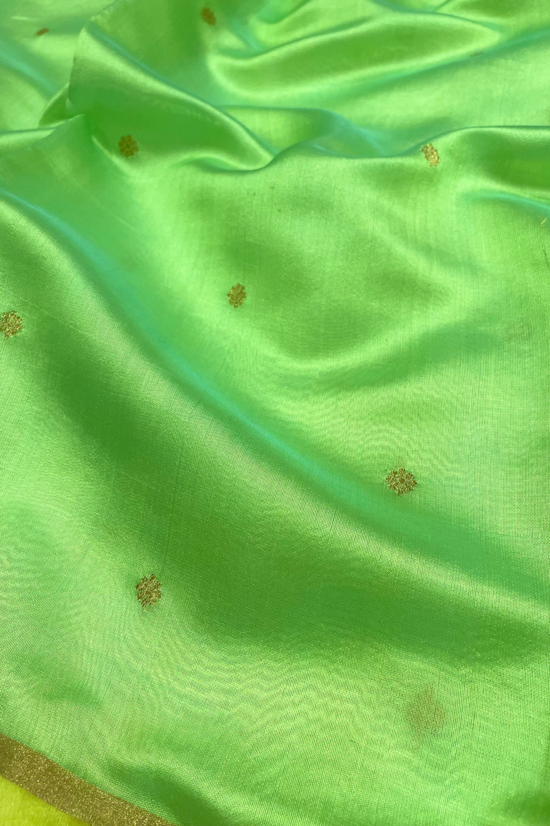HOV Handloom Chanderi Silk Saree - Fresh Green Yellow Paisley Buta- 094