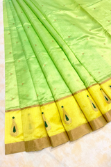 HOV Handloom Chanderi Silk Saree - Fresh Green Yellow Paisley Buta- 094