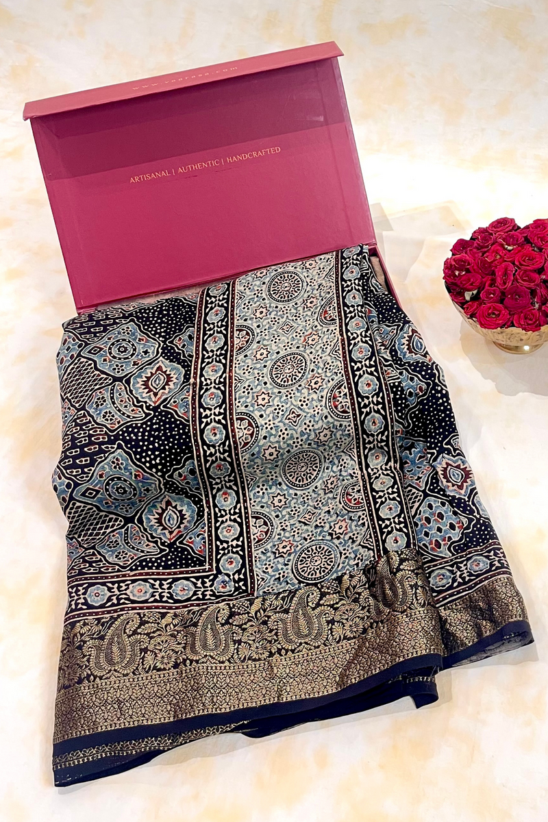 HOV Ajarakh Hand-Block Print Saree - Dola Silk - 015