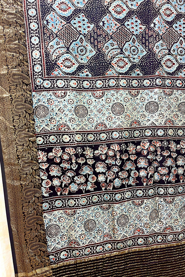 HOV Ajarakh Hand-Block Print Saree - Dola Silk - 015