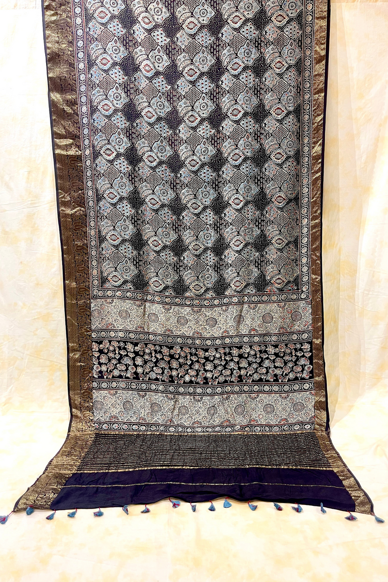 HOV Ajarakh Hand-Block Print Saree - Dola Silk - 015
