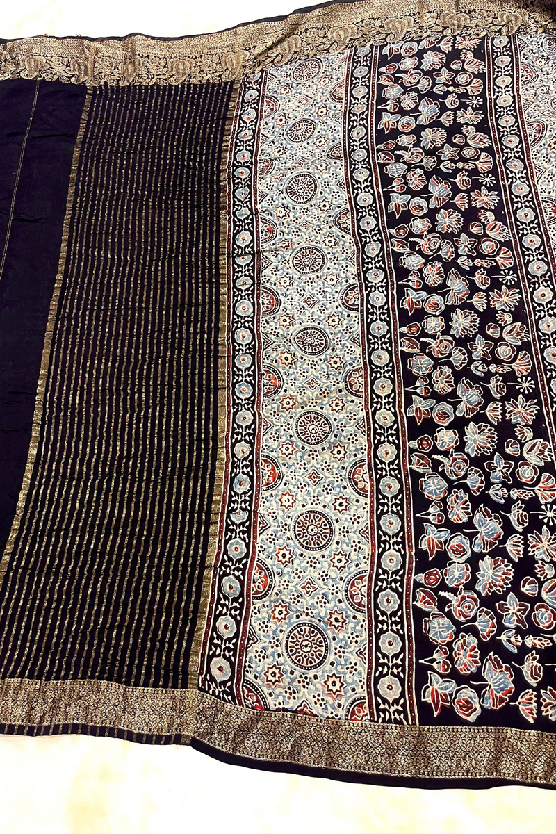 HOV Ajarakh Hand-Block Print Saree - Dola Silk - 015