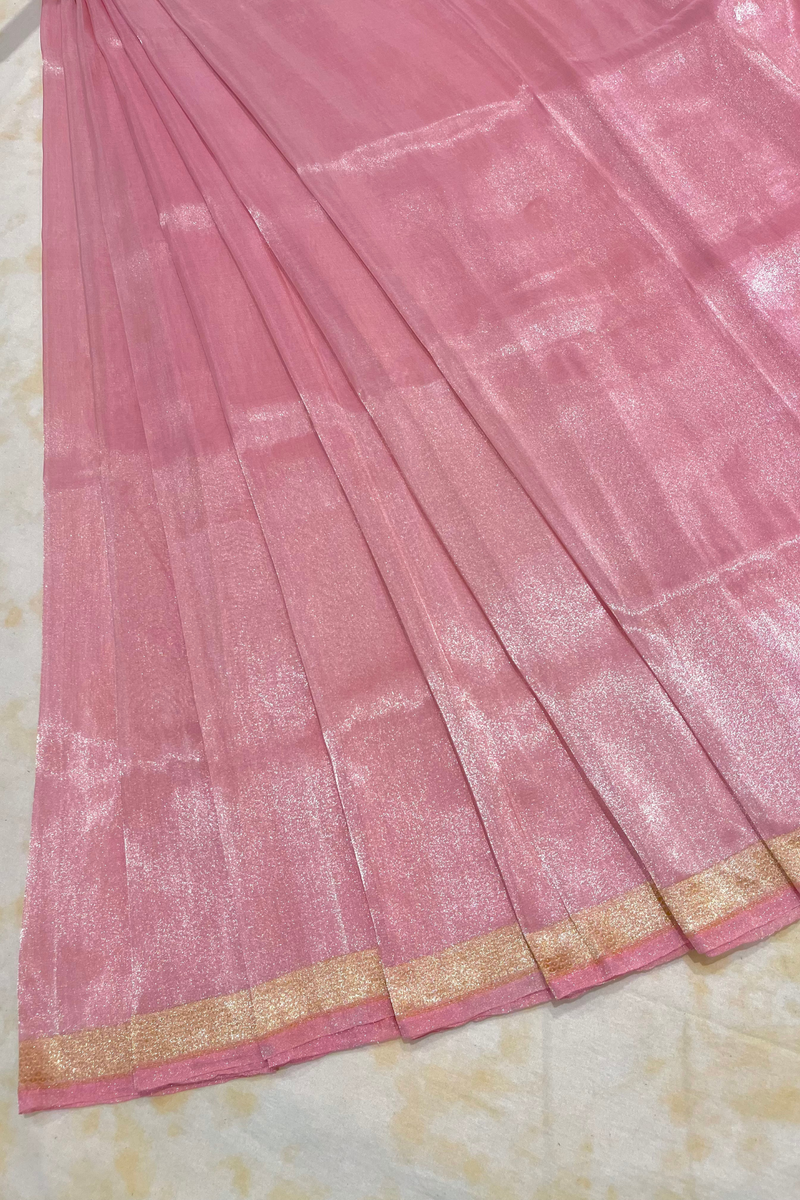 HOV Exclusive Pure Zari Handloom Banarasi Tissue Silk Saree -Light Pink Plain Silver Zari Kasturi - 035
