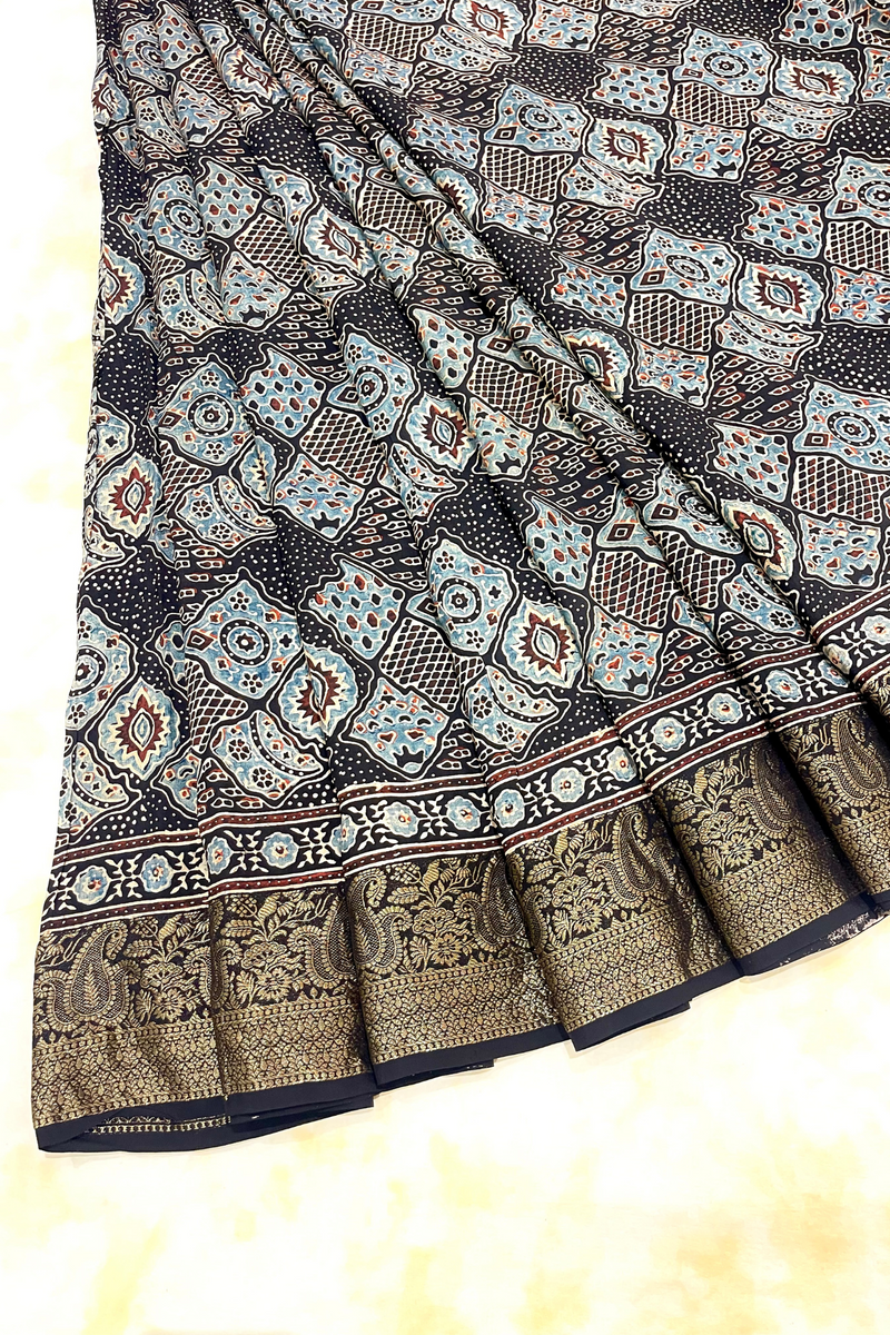 HOV Ajarakh Hand-Block Print Saree - Dola Silk - 015