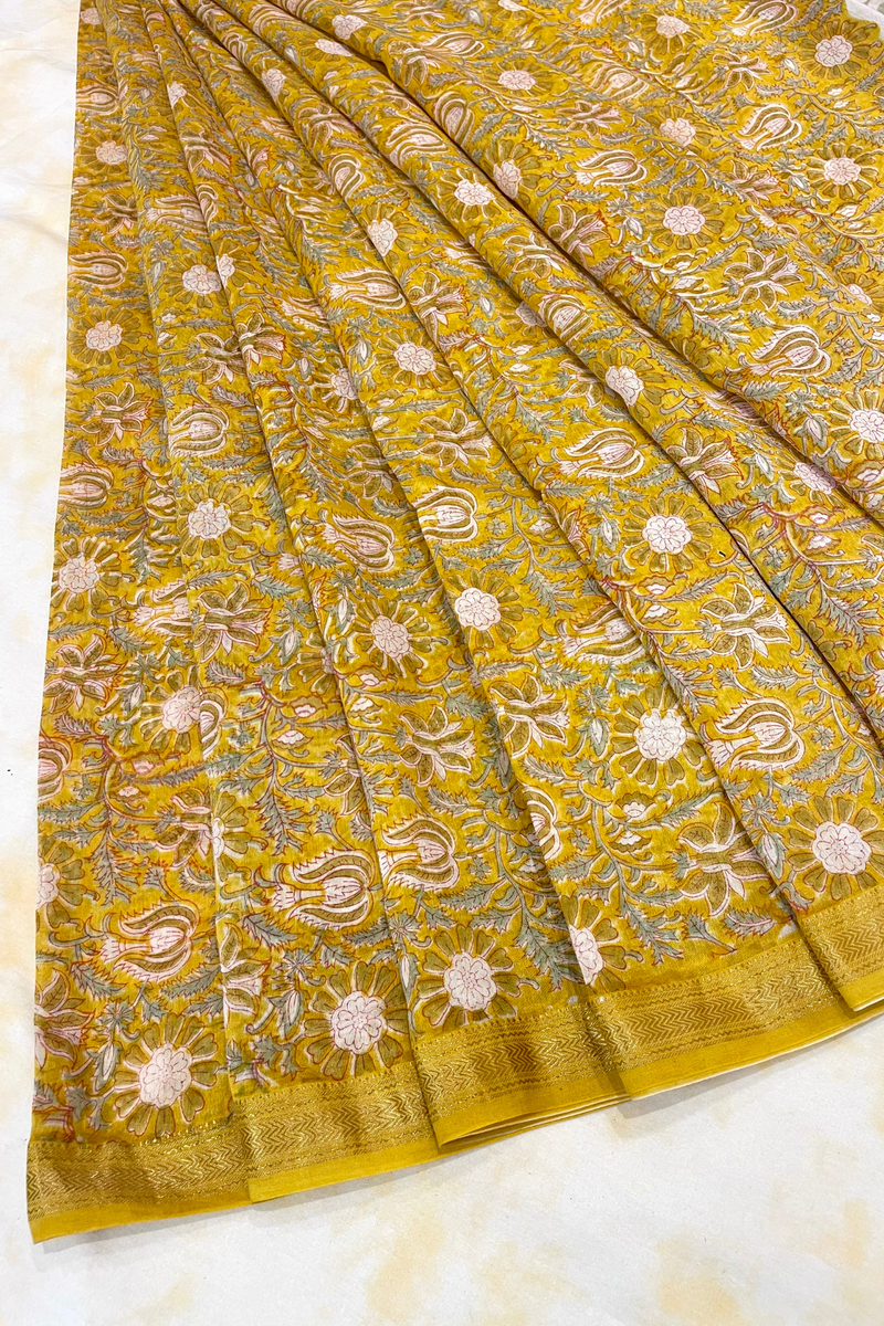 HOV Hand-Block Print Saree Zari Border - 010-01