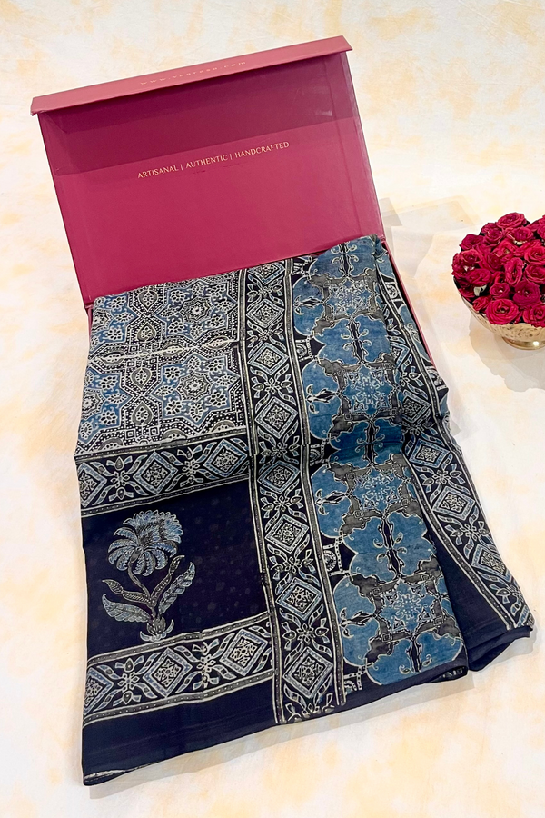 HOV Ajarakh Hand-Block Print Saree - Mul Cotton - 011