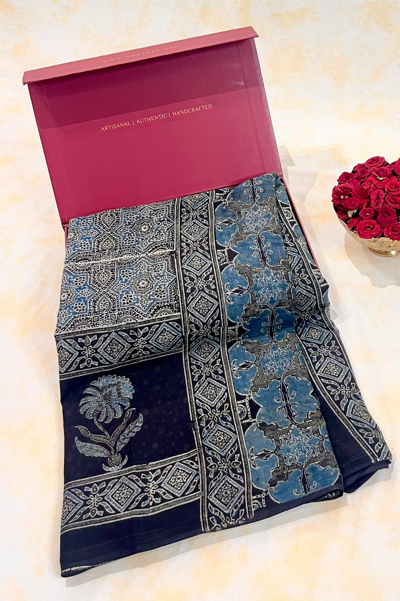 HOV Ajarakh Hand-Block Print Saree - Mul Cotton - 011