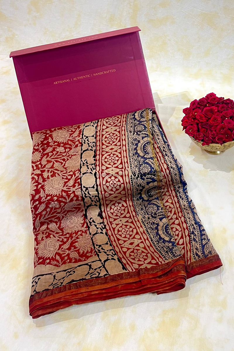 HOV Hand-Block Print Saree Small Border - 002-01-02