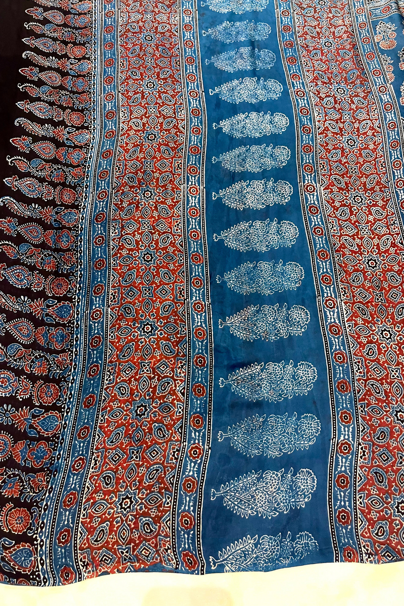 HOV Ajarakh Hand-Block Print Saree - Modal  -Blue