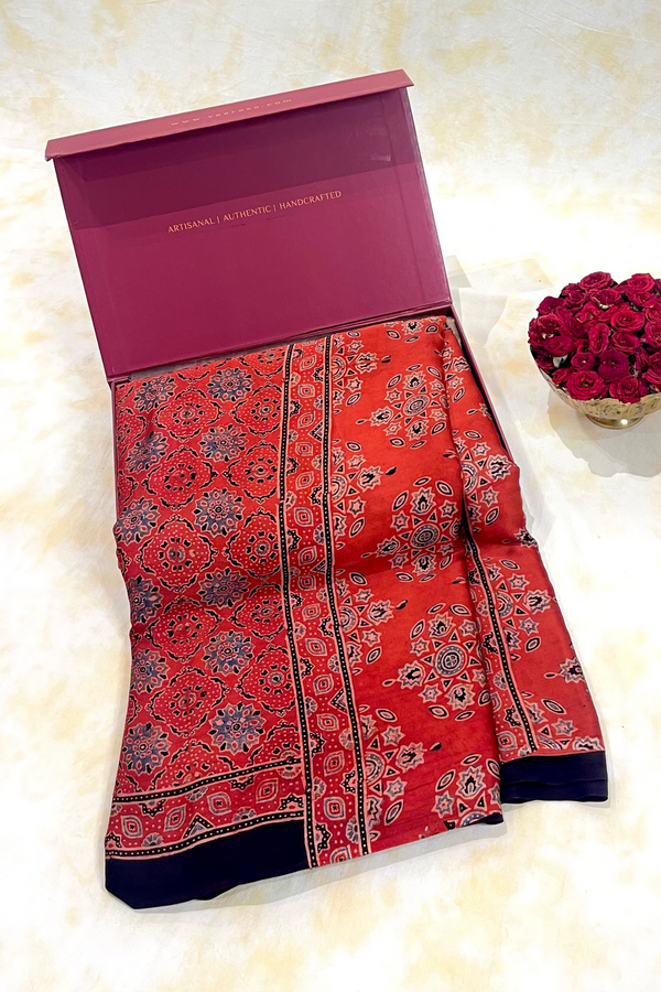 HOV Ajarakh Hand-Block Print Saree with Zari Patta - Modal  - 003