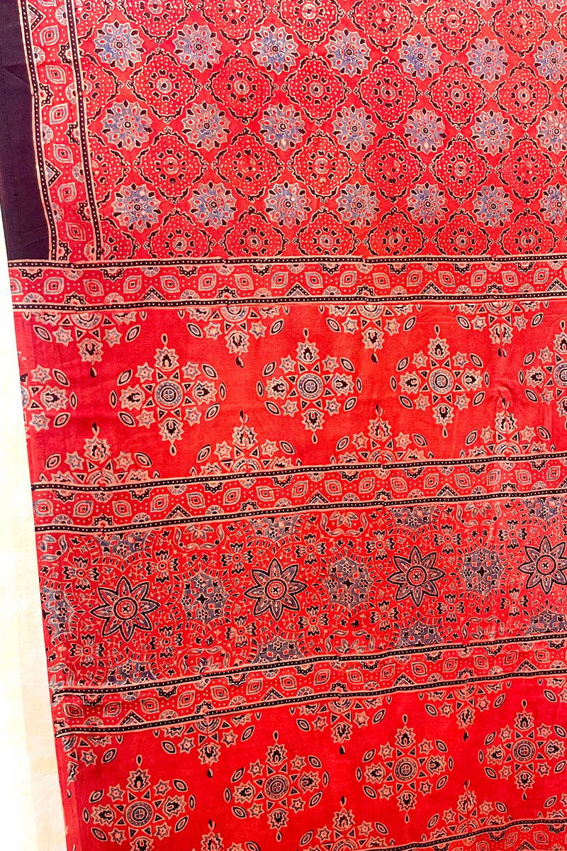 HOV Ajarakh Hand-Block Print Saree with Zari Patta - Modal  - 003