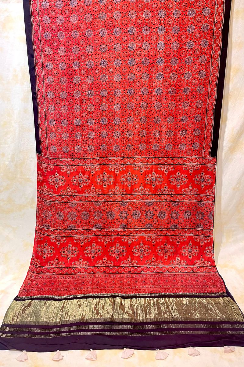 HOV Ajarakh Hand-Block Print Saree with Zari Patta - Modal  - 003