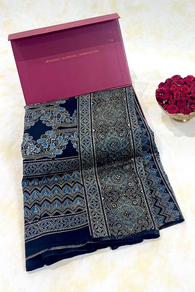 HOV Ajarakh Hand-Block Print Saree - Mul Cotton - 014