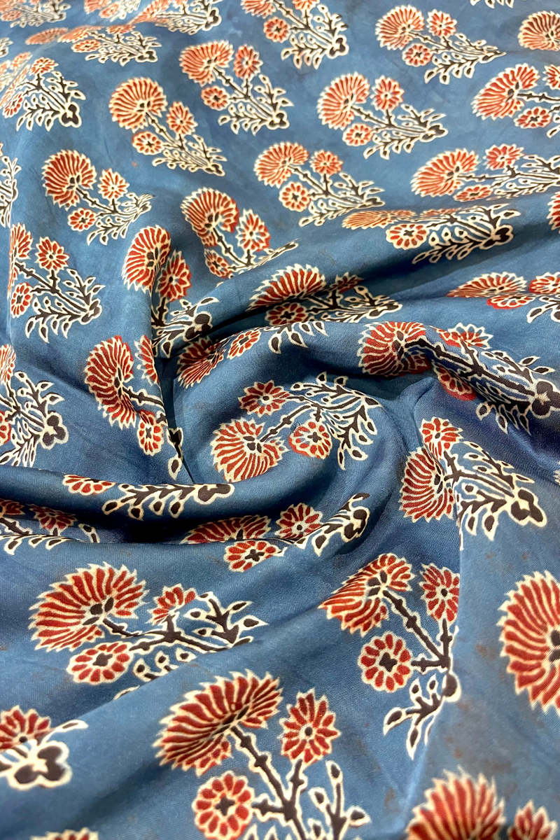 HOV Ajarakh Hand-Block Print Saree - Modal  -Blue