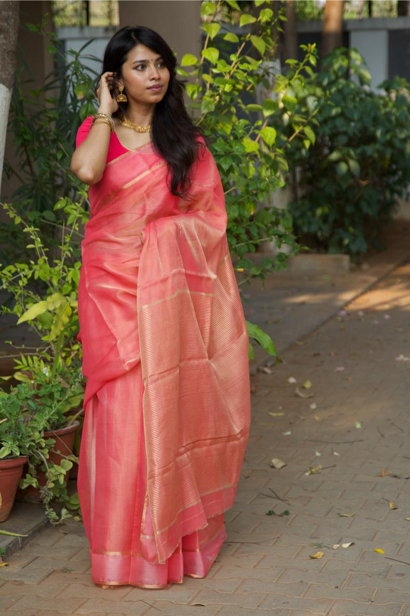 Steffy Merwin Handloom Chanderi Silk Saree- Orange