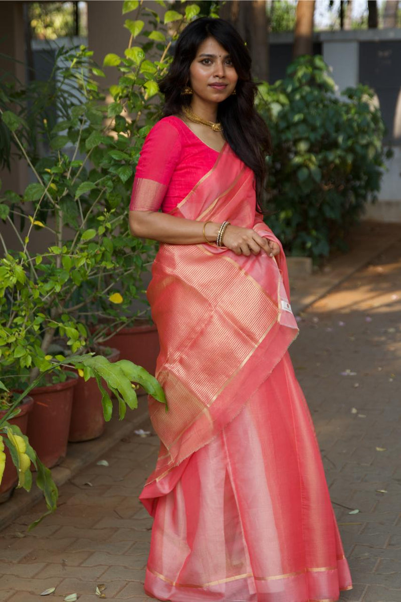 Steffy Merwin Handloom Chanderi Silk Saree- Orange