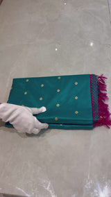 Gold Zari Handloom Kadhua Banarasi Shalu Silk Satin Saree - Small Border - Sangita- Pink Green