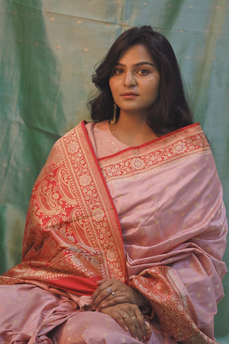 Pastel Pink Banarasi Real Zari Saree- 5gm gold zari - Vaarasa