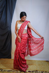 Madder Red White Vegetable Dye Cotton Chanderi Dabu Saree - Vaarasa