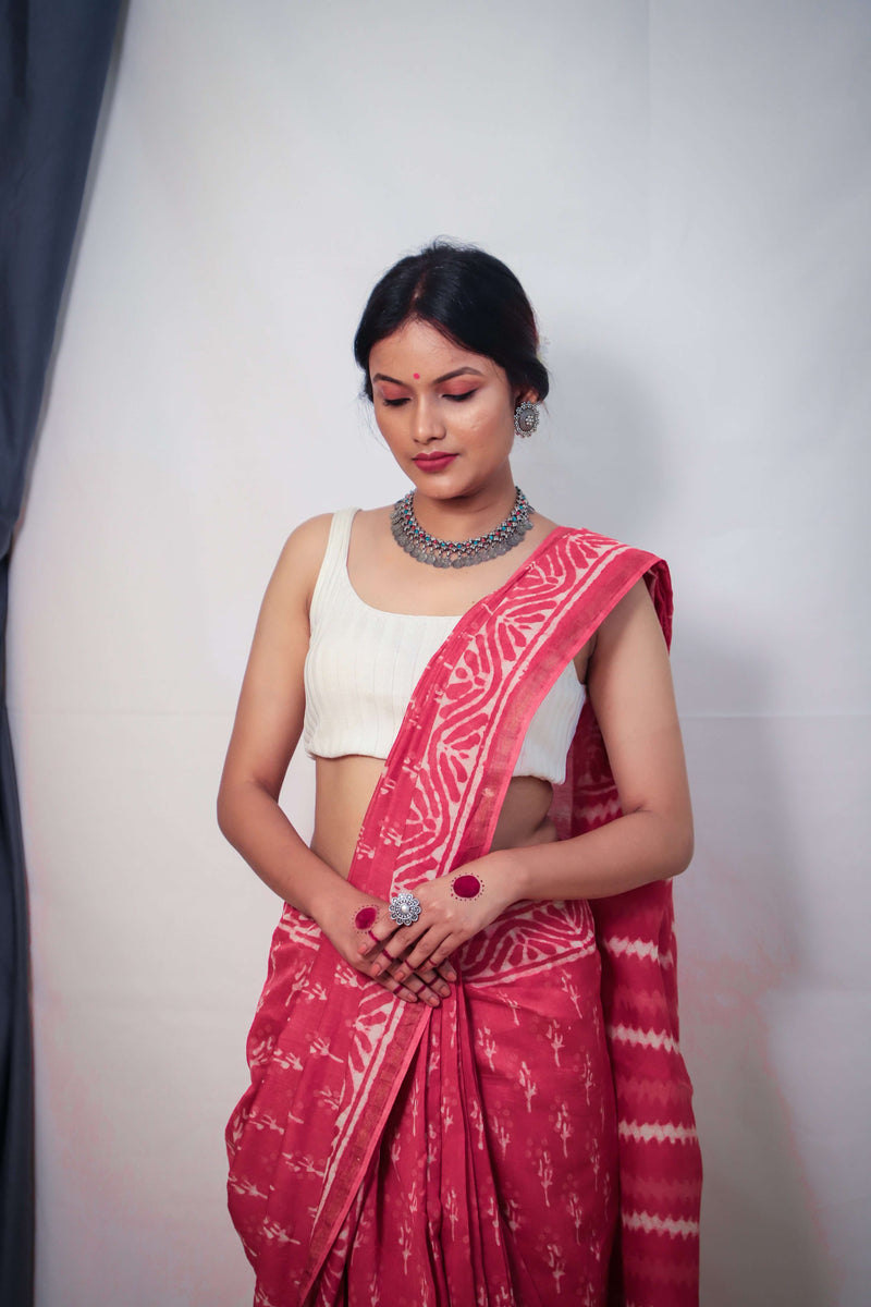 Madder Red White Vegetable Dye Cotton Chanderi Dabu Saree - Vaarasa