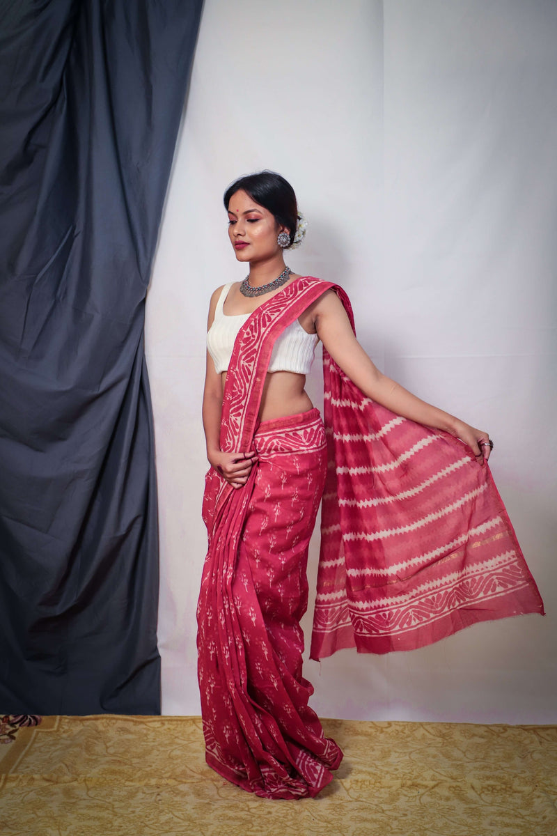 Madder Red White Vegetable Dye Cotton Chanderi Dabu Saree - Vaarasa