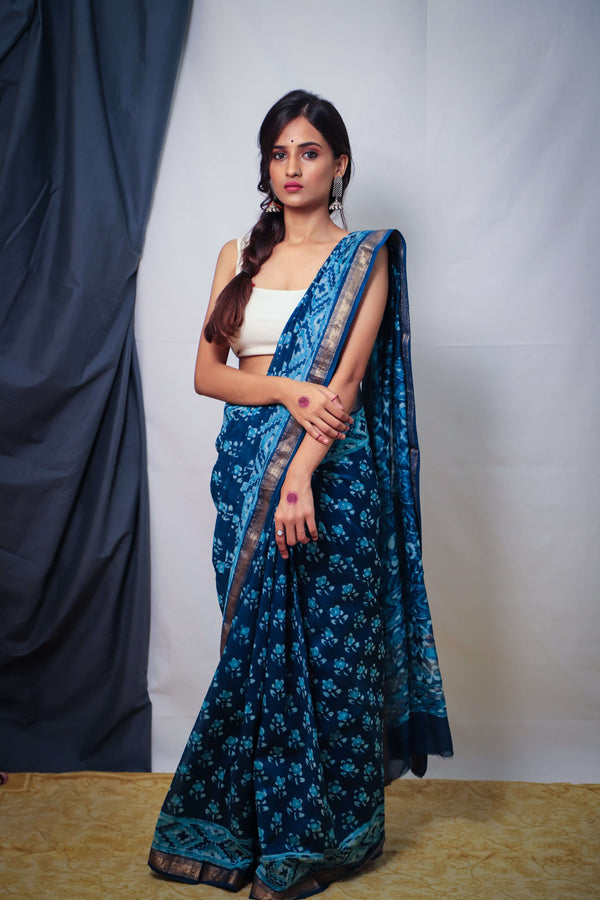 Sky Blue Hand Block Print Maheshwari Cotton Saree - Vaarasa