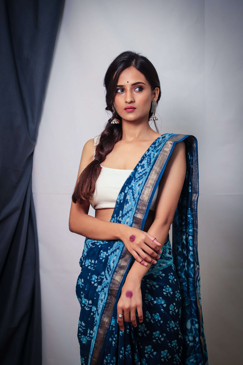 Sky Blue Hand Block Print Maheshwari Cotton Saree - Vaarasa