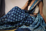 Sky Blue Hand Block Print Maheshwari Cotton Saree - Vaarasa