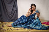 Sky Blue Hand Block Print Maheshwari Cotton Saree - Vaarasa