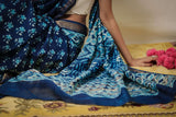 Sky Blue Hand Block Print Maheshwari Cotton Saree - Vaarasa