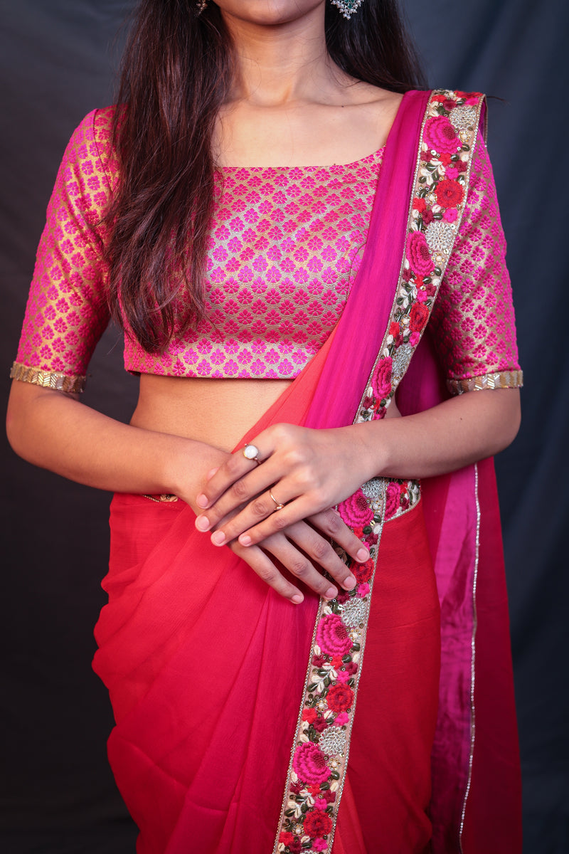 Embroidered Border Ombre Pink Chiffon Saree