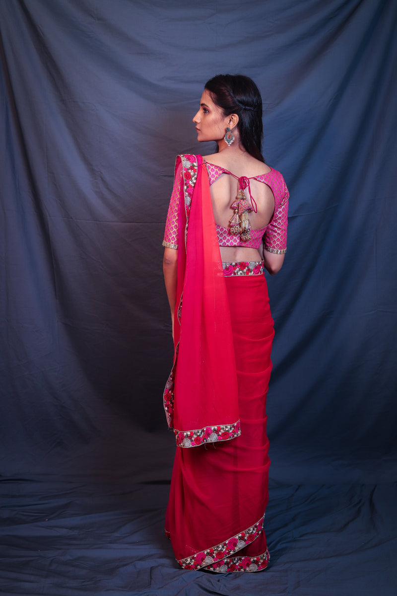 Embroidered Border Ombre Pink Chiffon Saree