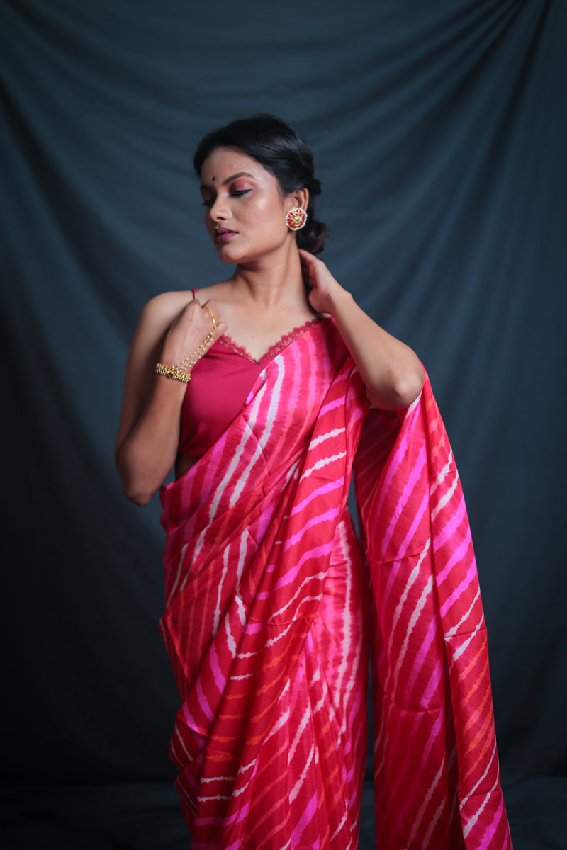 Leheriya - Pink Orange Mulberry Silk Saree